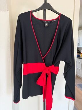 CABO Black Red Wrap Top Tie Waist Long Sleeve Knit Blouse Size M
